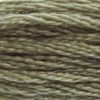 A close-up view of embroidery thread skeins, held taught horizontally. The shade is a dull grey-green
