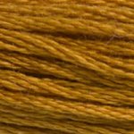 A close-up view of embroidery thread skeins, held taught horizontally. The shade is a dark amber yellow.
