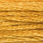 A close-up view of embroidery thread skeins, held taught horizontally. The shade is a rich golden yellow