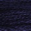 A close-up view of embroidery thread skeins, held taught horizontally. The shade is a blue so dark it's almost black.