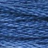 A close-up view of embroidery thread skeins, held taught horizontally. The shade is a dark cornflower blue