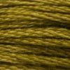 A close-up view of embroidery thread skeins, held taught horizontally. The shade is a very dark goldenrod yellow.