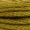 A close-up view of embroidery thread skeins, held taught horizontally. The shade is a dark goldenrod yellow
