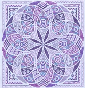 a mandala cross stitch in blues and purples