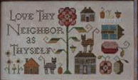 Stylized cross sttich of cats and flowers with the words love thy neighbour as thy self in the top left in blue