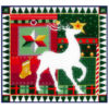 Cross stitch pattern in brought reds, greens and yellows in a geometric pattern with a plain, white reindeer superimposed