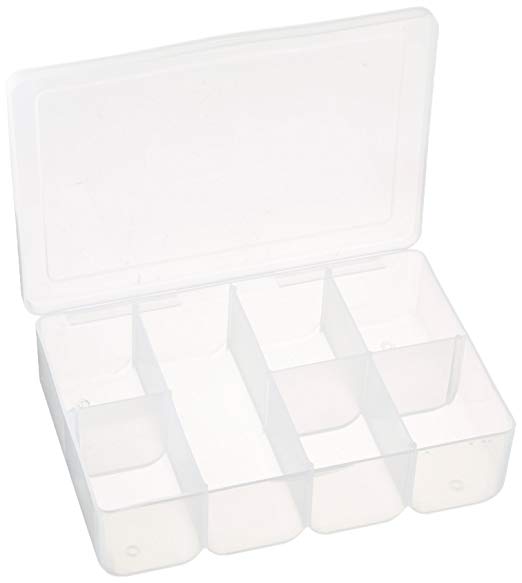 A clear plastic container compartmentalised bottom and flat life on a white background