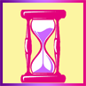Hot pink hourglass with light purple sand in both bulbs on a light yellow background with a pink and purple gradient around the outside of the square