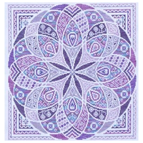 A circular mandala with white lines and shades of purple