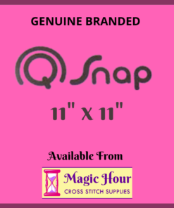 A magenta square. Text reads, "Genuine Branded Q Snap, 11 inch by 11 inch. Available from Magic Hour Cross Stitch Supplies"