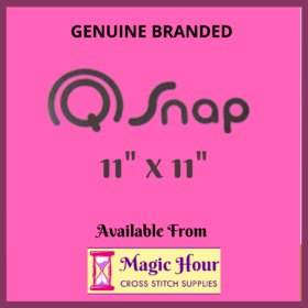 A magenta square. Text reads, "Genuine Branded Q Snap, 11 inch by 11 inch. Available from Magic Hour Cross Stitch Supplies"