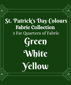 A green square, with light green bordering. The corners join in rhombus and square designs centered around a shamrock. White test reads: "St. Patrick's Day Colours Fabric Collection, 3 fat quarters of fabric. Green, white, yellow."
