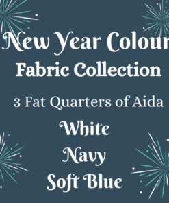 A dusty blue square, with cyan and white fireworks in the corners. Text in the center reads, "New Year's Colours Fabric Collection, 3 Fat Quarters of Aida. White, navy, soft blue."