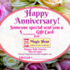 A gift card for a Happy Anniversary, with colourful roses in the background