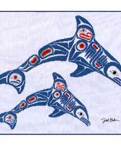 Two dolphins, blue with red details, arc through the air. Both are in Native line-art style, the smaller one below the other.
