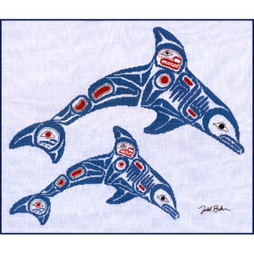 Two dolphins, blue with red details, arc through the air. Both are in Native line-art style, the smaller one below the other.