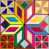 A geometric pattern in a wild variety of colours, forming an eight-pointed star surrounded by small "pinwheels", in a quilt-like design.