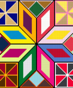 A geometric pattern in a wild variety of colours, forming an eight-pointed star surrounded by small "pinwheels", in a quilt-like design.