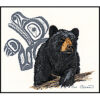 A large black bear leans on a fallen log. A black native line-art style bear watches from behind