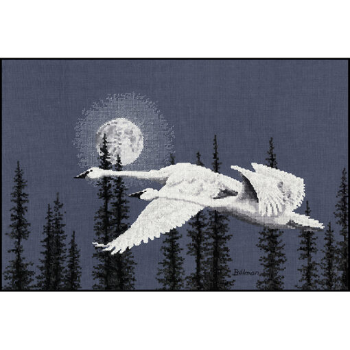 Two white swans flying side by side by the light of a full moon. In the distance behind is a treeline of tall, thin pines.