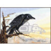 A hunched raven or crow perches on a dead tree at sunrise. A Native-stylized bird in pale grey flies past in the sky behind.