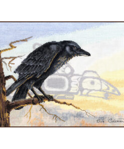 A hunched raven or crow perches on a dead tree at sunrise. A Native-stylized bird in pale grey flies past in the sky behind.