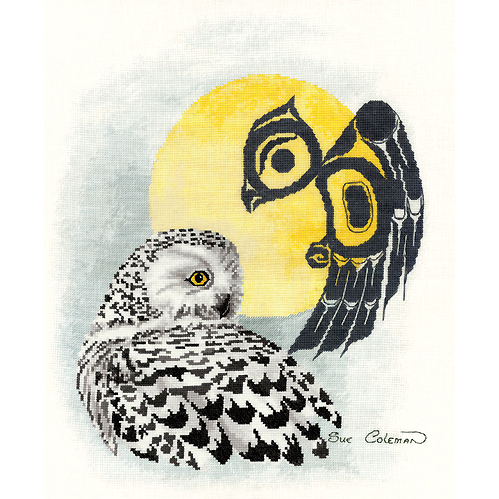 A snowy owl regards the viewer with one eye from over its shoulder, under the light of the moon. A native line-art styled owl watches from the sky alongside the moon.