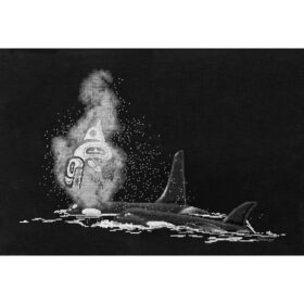 Two orca whales, heads and dorsal fins cresting the water. One blows water and steam that forms a Native-style line-art whale