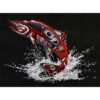 A salmon leaps from water, splashing its tail. Its body is completely covered in red, white, and black Native line-art.
