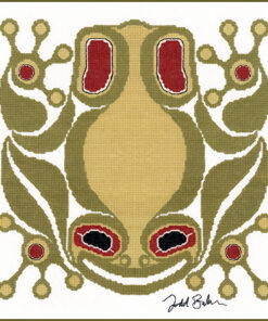 A Native line-art frog, in olive green and yellow with red details, sits upside-down, feet splayed, smiling up at the viewer