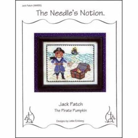 A pattern cover depicting a pumpkin-headed pirate standing over a treasure chest on the beach. He is wearing a blue greatcoat, a shoulder-crow, an eyepatch and black hat, and his ship floats on the ocean in the distance.