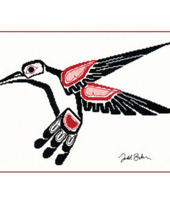 A Native-style line-art hummingbird, in black with red detail. Wings thrown back and tail forward, it hovers as if feeding.