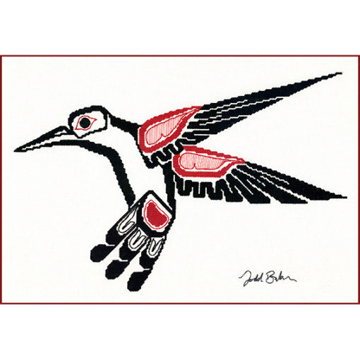 A Native-style line-art hummingbird, in black with red detail. Wings thrown back and tail forward, it hovers as if feeding.