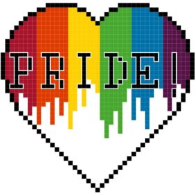 A white heart dripping with a rainbow of paint. Text in front of it reads, "PRIDE!"