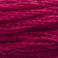 A close-up view of embroidery thread skeins, held taught horizontally. The shade is a dark purple shade with dark pinkish undertones, like a clematis flower.