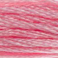 A close-up view of embroidery thread skeins, held taught horizontally. The shade is a pretty medium shade of pink, like a perfect piece of bubblegum.