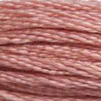 A close-up view of embroidery thread skeins, held taught horizontally. The shade is a medium shade of dusty rose, like a rose closing for the first frost. 