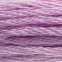A close-up view of embroidery thread skeins, held taught horizontally. The shade is a lovely medium light shade of true purple, like raspberry ripple ice cream.
