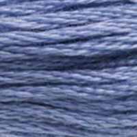 A close-up view of embroidery thread skeins, held taught horizontally. The shade is a medium shade of greyish blue, like a neglected swimming pool at a deteriorating motel.