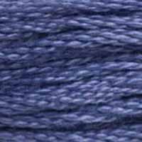 A close-up view of embroidery thread skeins, held taught horizontally. The shade is a medium dark shade of blue with greyish overtones, like looking into dark water.