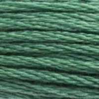 A close-up view of embroidery thread skeins, held taught horizontally. The shade is a medium green shade with subtle bluish undertones, like a mug of mint tea.