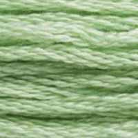 A close-up view of embroidery thread skeins, held taught horizontally. The shade is a light shade of green similar to Apple Green but a bit darker or greyish, not as bright.