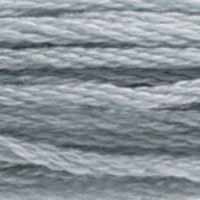 A close-up view of embroidery thread skeins, held taught horizontally. The shade is a light grey shade with bluish undertones, like snow in the evening.