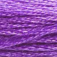 A close-up view of embroidery thread skeins, held taught horizontally. The shade is a bright, pretty medium shade of true purple, like a violet hyacinth. 