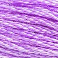 A close-up view of embroidery thread skeins, held taught horizontally. The shade is a bright, pretty light shade of true purple, like a grape soda.