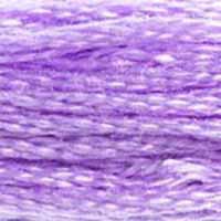 A close-up view of embroidery thread skeins, held taught horizontally. The shade is a bright, pretty pale shade of true purple, like purple cake frosting.