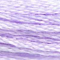 A close-up view of embroidery thread skeins, held taught horizontally. The shade is a pretty very pale shade of true purple, like a yet-unopened lilac bud.