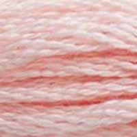 A close-up view of embroidery thread skeins, held taught horizontally. The shade is a  light rosy pink. It would make a lovely baby pink.