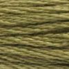 A close-up view of embroidery thread skeins, held taught horizontally. The shade is a medium greenish brown, like a willow frond