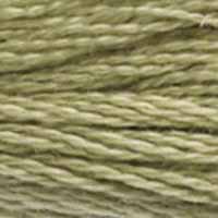 A close-up view of embroidery thread skeins, held taught horizontally. The shade is a light greenish brown, like meadow grass in fall